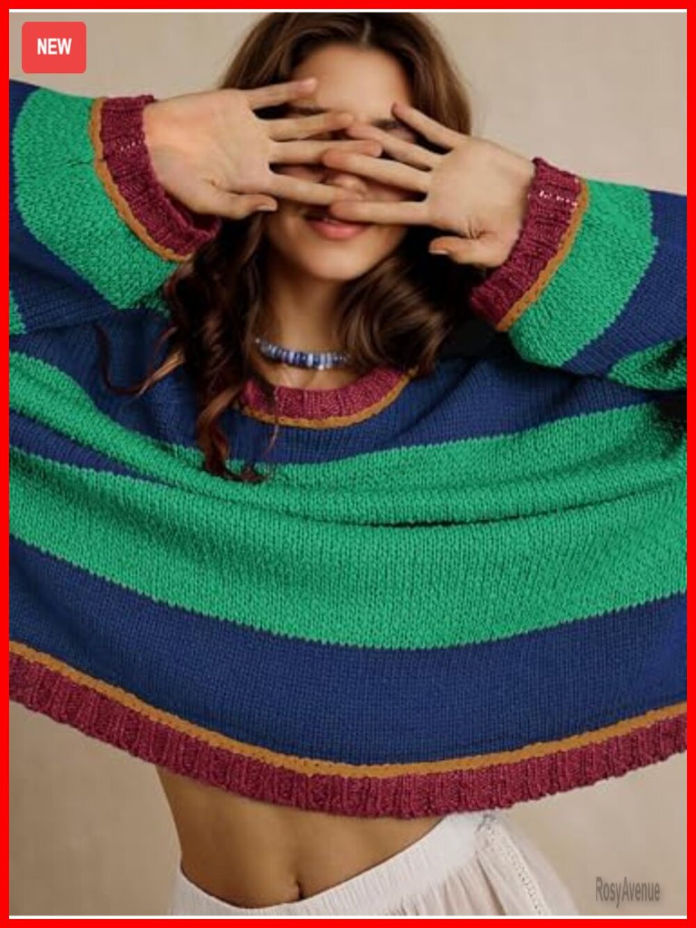 Women's Oversized Striped Chunky Knit Crewneck Sweater Pullover - Picture 4 of 6